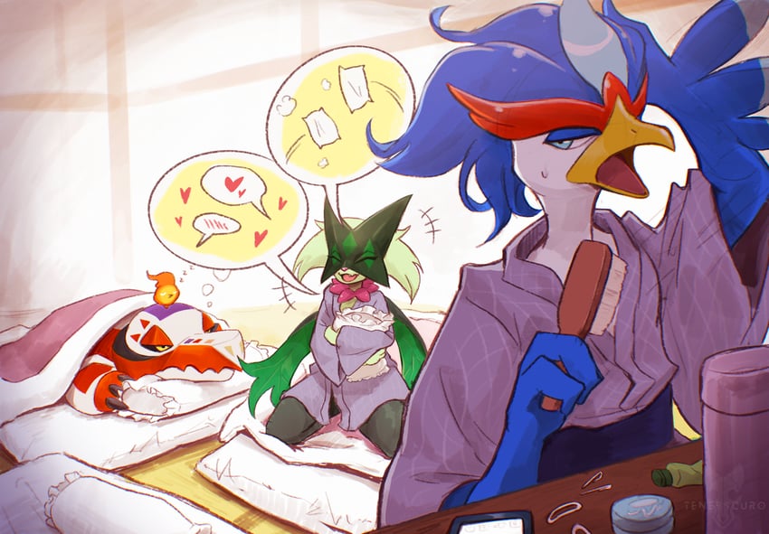 meowscarada, quaquaval, skeledirge, and fire bird (pokemon) drawn by tenebscuro