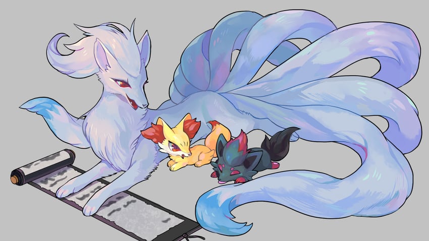 fennekin, zorua, and alolan ninetales (pokemon) drawn by qqqb