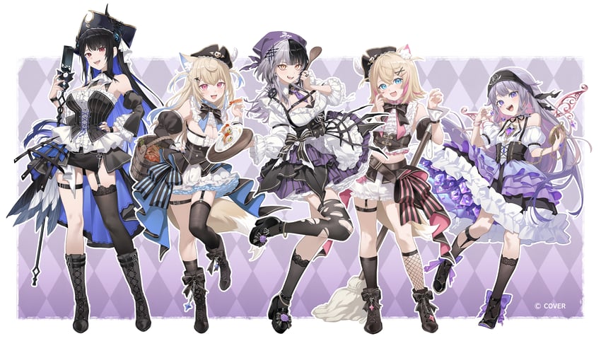 shiori novella, nerissa ravencroft, fuwawa abyssgard, mococo abyssgard, and koseki bijou (hololive and 1 more) drawn by midori_fufu