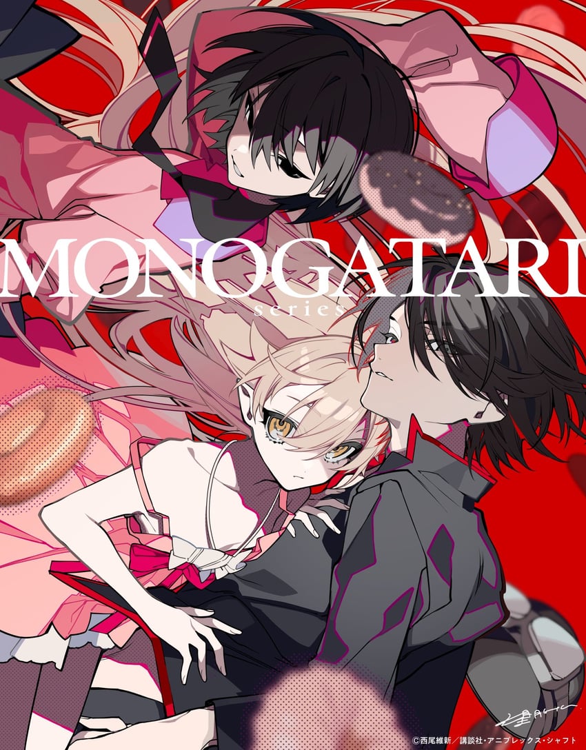 oshino shinobu, araragi koyomi, and oshino ougi (monogatari) drawn by mochizuki_kei