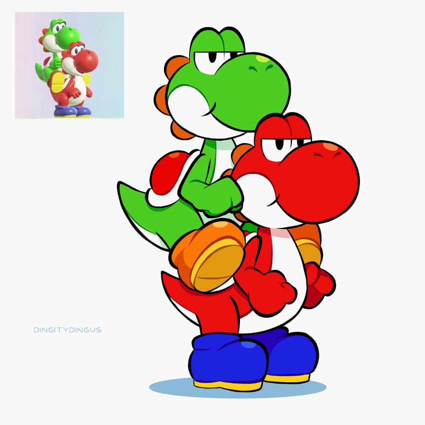 yoshi and red yoshi (mario and 1 more) drawn by vinny_(dingitydingus)