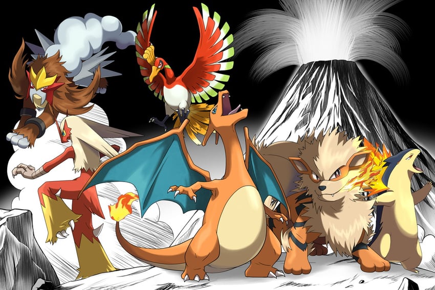 charizard, arcanine, blaziken, typhlosion, ho-oh, and 1 more (pokemon) drawn by asatsuki_(fgfff)