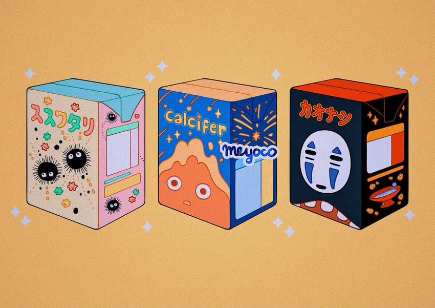 kaonashi, susuwatari, and calcifer (studio ghibli and 2 more) drawn by meyoco