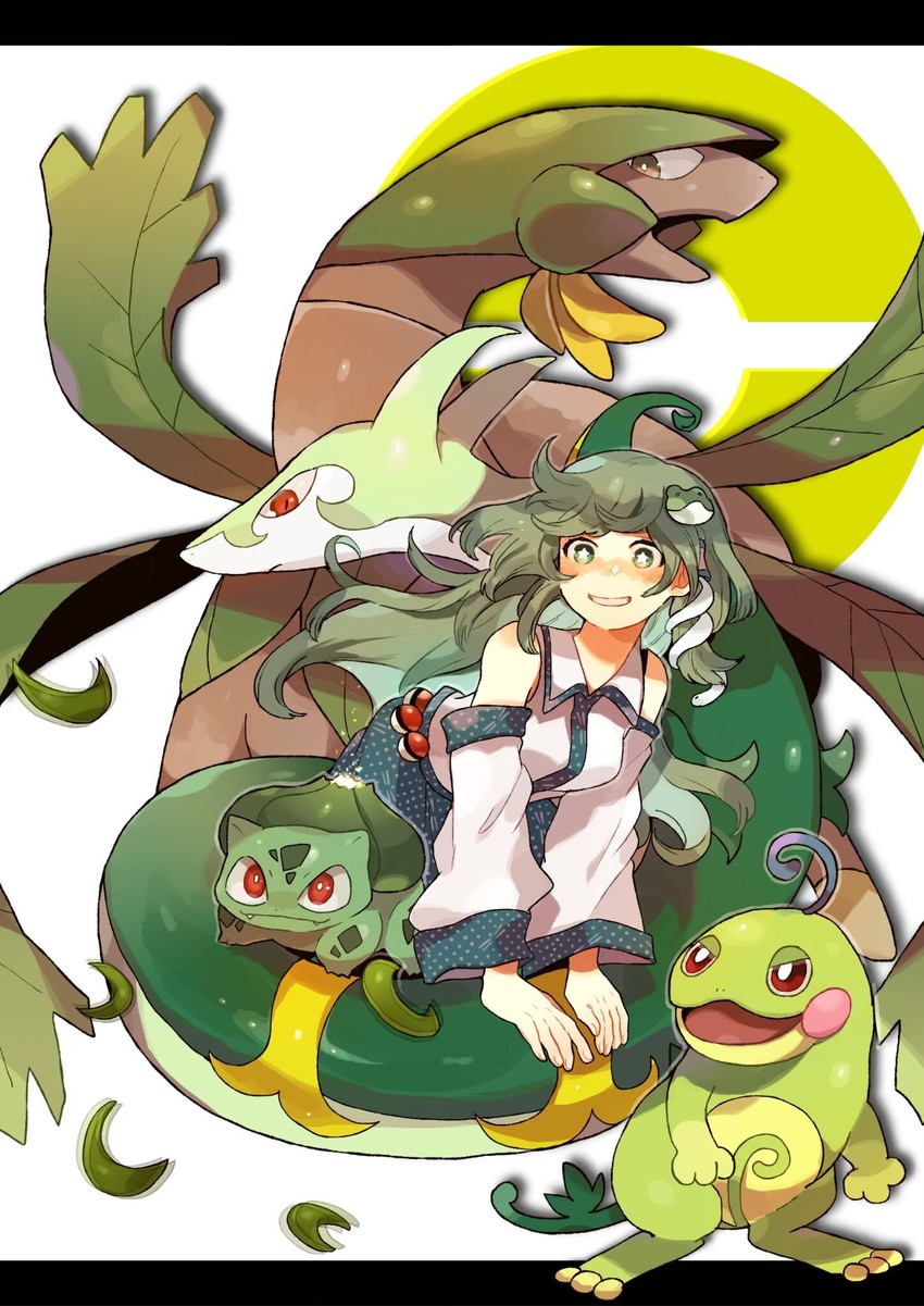 kochiya sanae, bulbasaur, serperior, tropius, and politoed (touhou and 1 more) drawn by tabun_(osoracu)