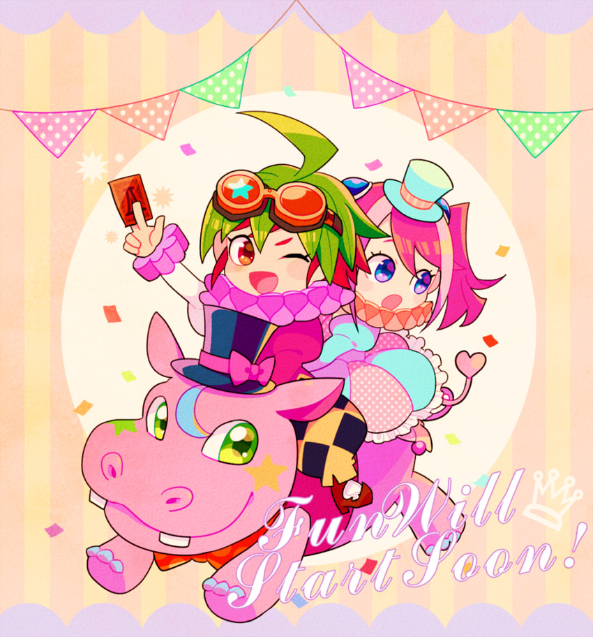 hiiragi yuzu, sakaki yuya, and performapal hip hippo (yu-gi-oh! and 1 more) drawn by mommorua