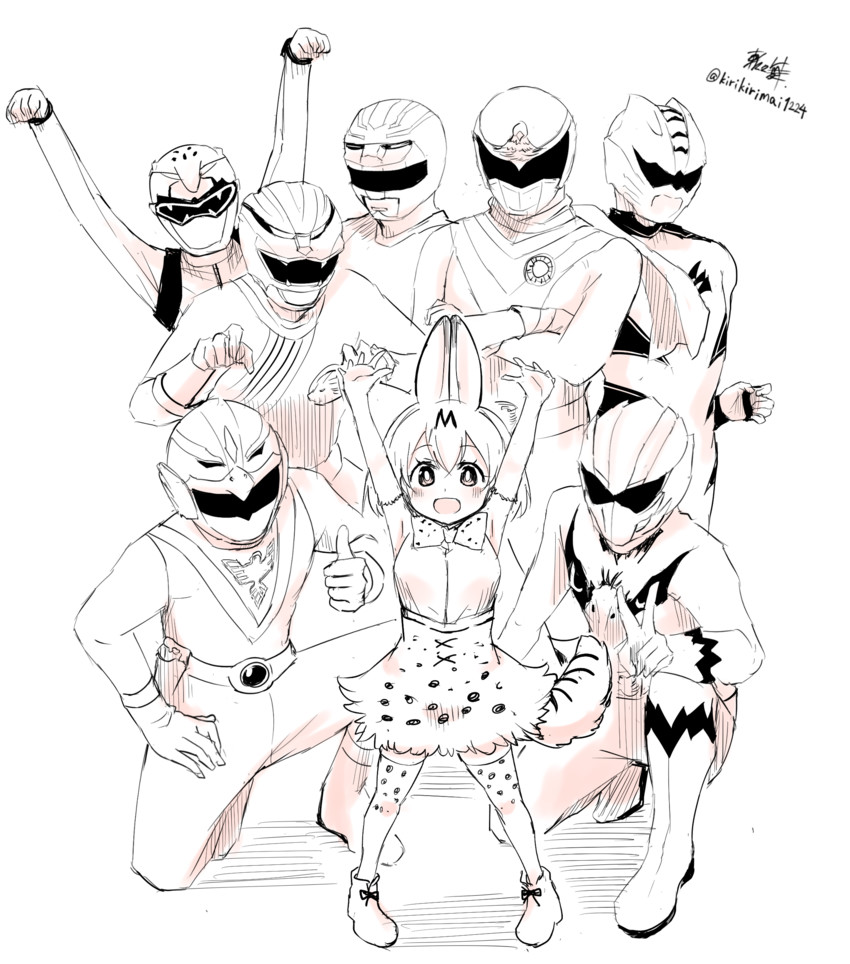 serval, vul eagle, geki red, gao red, ginga red, and 3 more (kemono friends and 8 more) drawn by kirikirimai_(kkm)
