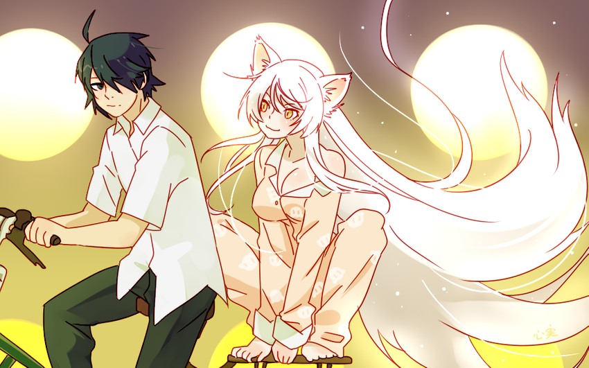hanekawa tsubasa, araragi koyomi, and black hanekawa (monogatari and 1 more) drawn by kokomi_(aniesuakkaman)