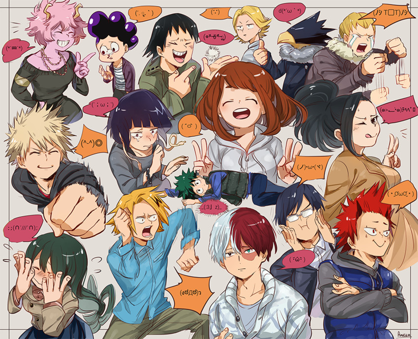 midoriya izuku, bakugou katsuki, uraraka ochaco, todoroki shoto, asui tsuyu, and 11 more (boku no hero academia) drawn by anezu