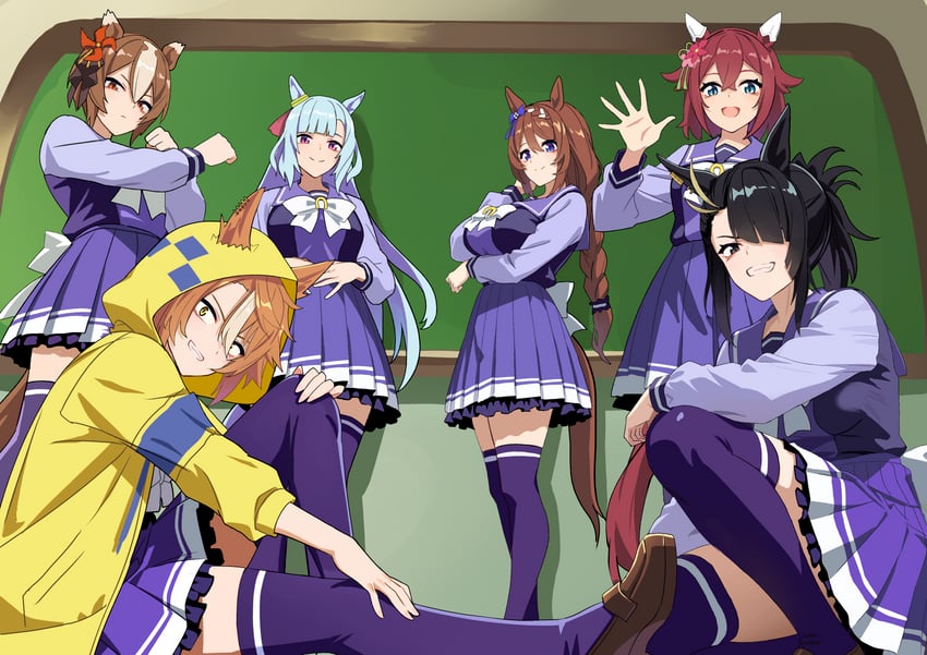 super creek, mejiro ardan, sakura chiyono o, yaeno muteki, dictus striker, and 1 more (umamusume and 1 more) drawn by reibun_(raven1119)