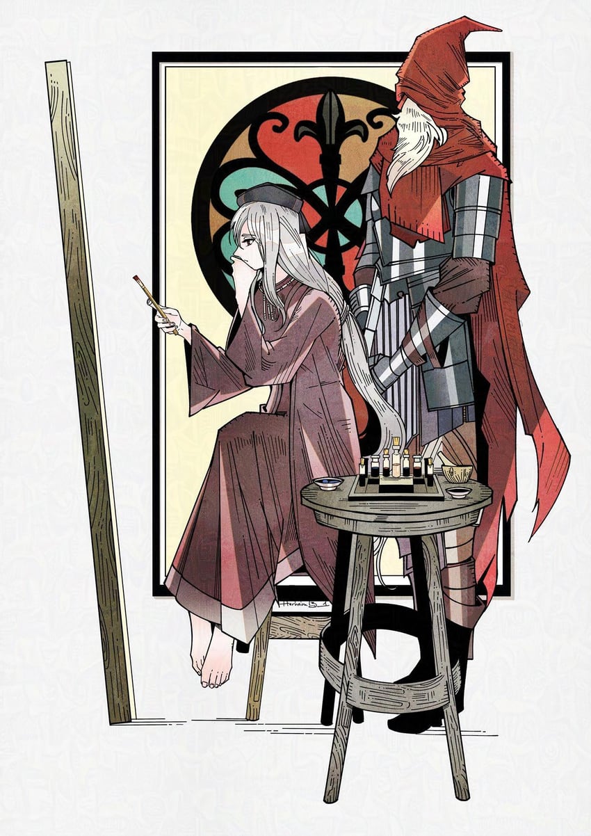 slave knight gael and painting woman (dark souls and 1 more) drawn by herheim