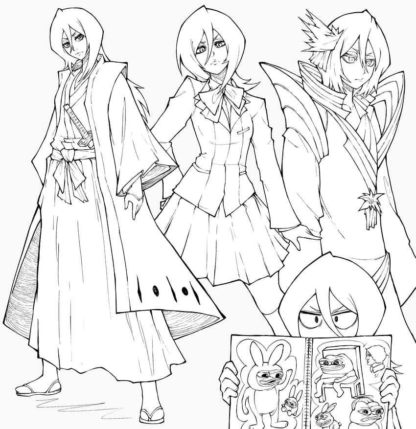 kuchiki rukia, pepe the frog, sado yasutora, and apu apustaja (bleach and 1 more) drawn by kekel