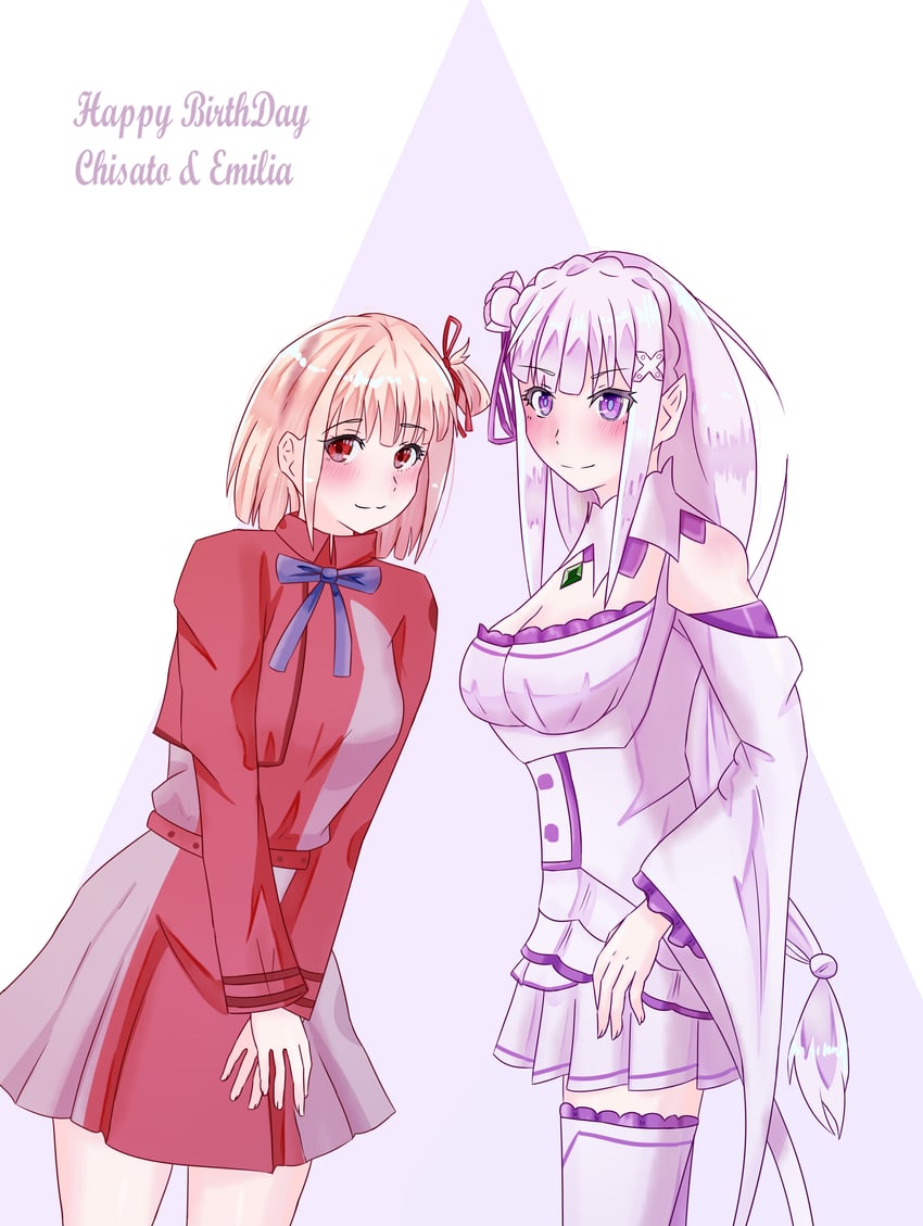 nishikigi chisato and emilia (re:zero kara hajimeru isekai seikatsu and 1 more) drawn by aoihana_15