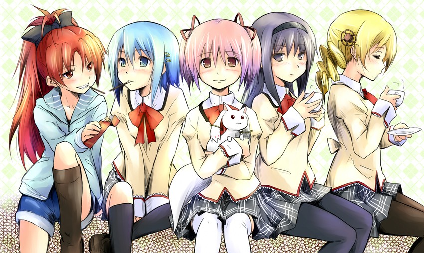 akemi homura, kaname madoka, miki sayaka, sakura kyoko, tomoe mami, and 1 more (mahou shoujo madoka magica) drawn by daiki