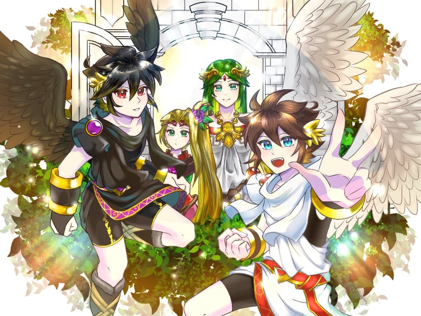 palutena, pit, dark pit, and viridi (kid icarus and 1 more) drawn by yabumamemame
