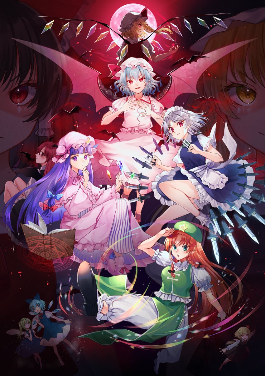 hakurei reimu, kirisame marisa, remilia scarlet, flandre scarlet, izayoi sakuya, and 6 more (touhou and 1 more) drawn by kaede_(mmkeyy)