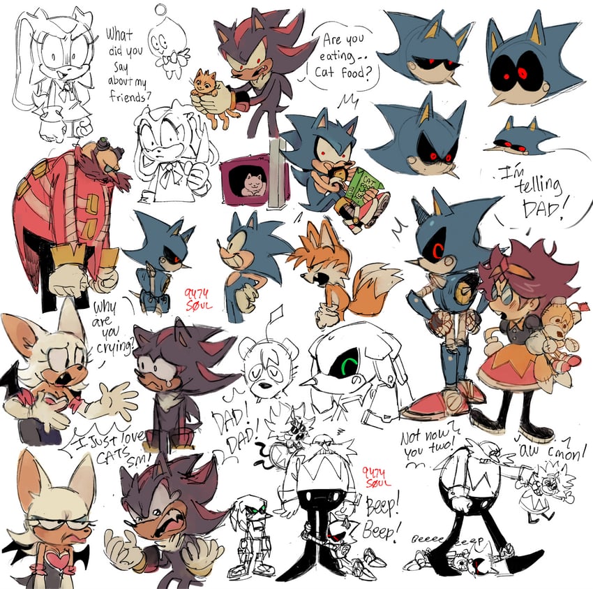 sonic the hedgehog, shadow the hedgehog, rouge the bat, tails, cream the rabbit, and 8 more (sonic and 2 more) drawn by 9474s0ul