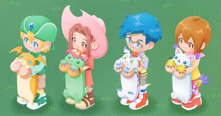 yagami hikari, tailmon, tachikawa mimi, takaishi takeru, patamon, and 3 more (digimon and 1 more) drawn by isei0212