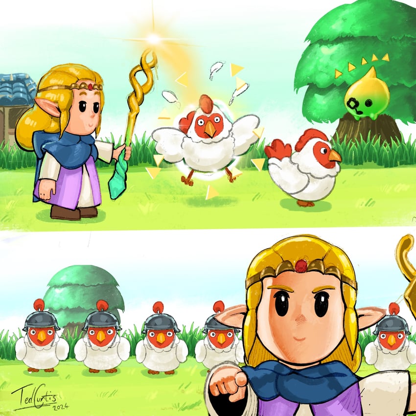 princess zelda, tri, and cucco (the legend of zelda and 1 more) drawn by tedcurtisart