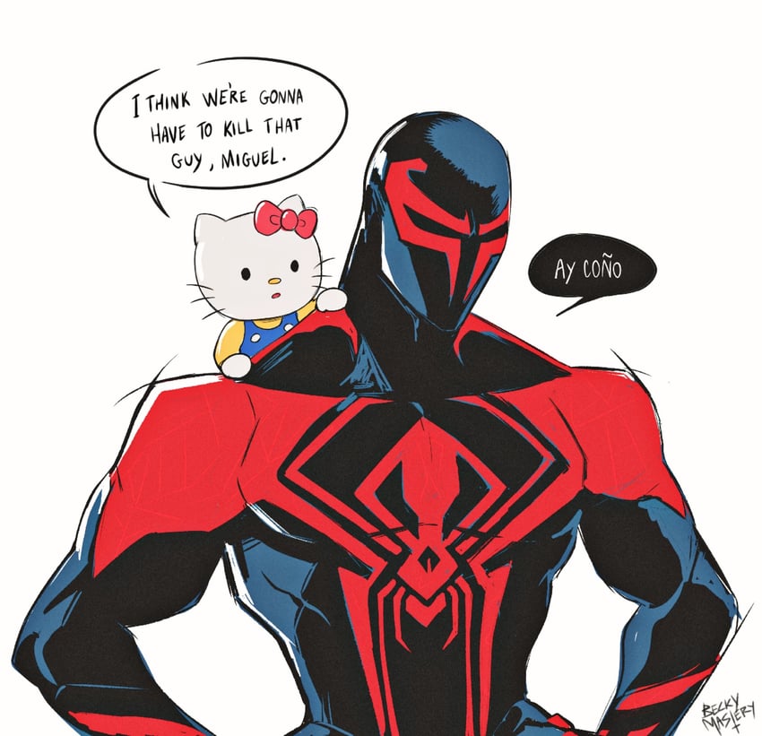 hello kitty, miguel o'hara, and spider-man (marvel and 5 more) drawn by beckymastery
