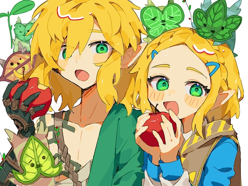 link, princess zelda, and korok (the legend of zelda and 1 more) drawn by hoya_(pixiv_id_101471793)