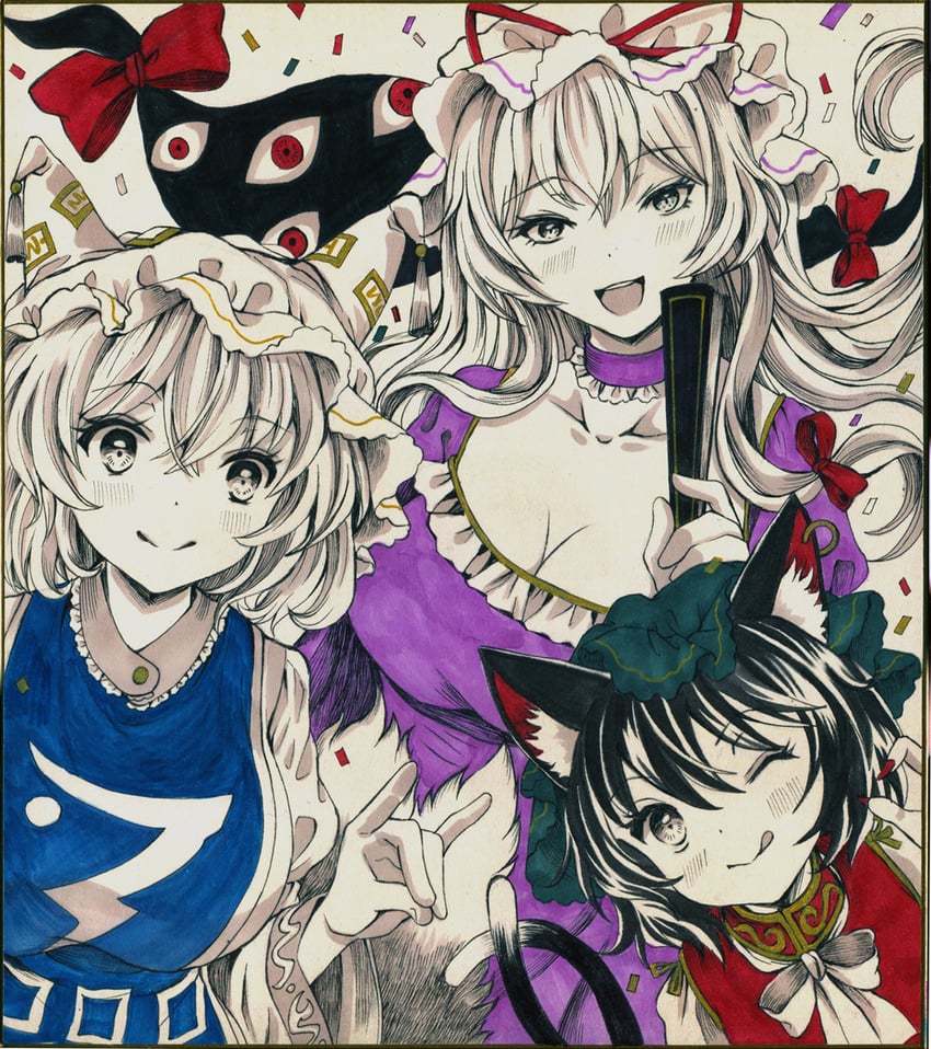 yakumo yukari, yakumo ran, and chen (touhou) drawn by hajike_akira