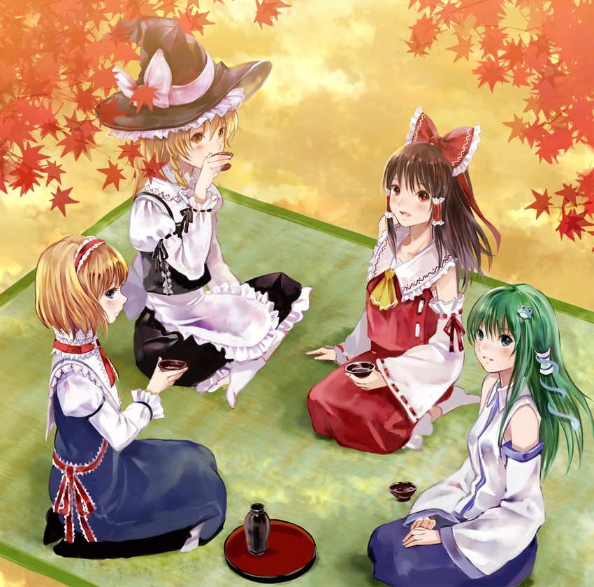 hakurei reimu, kirisame marisa, kochiya sanae, and alice margatroid (touhou) drawn by fukahire_(ruinon)