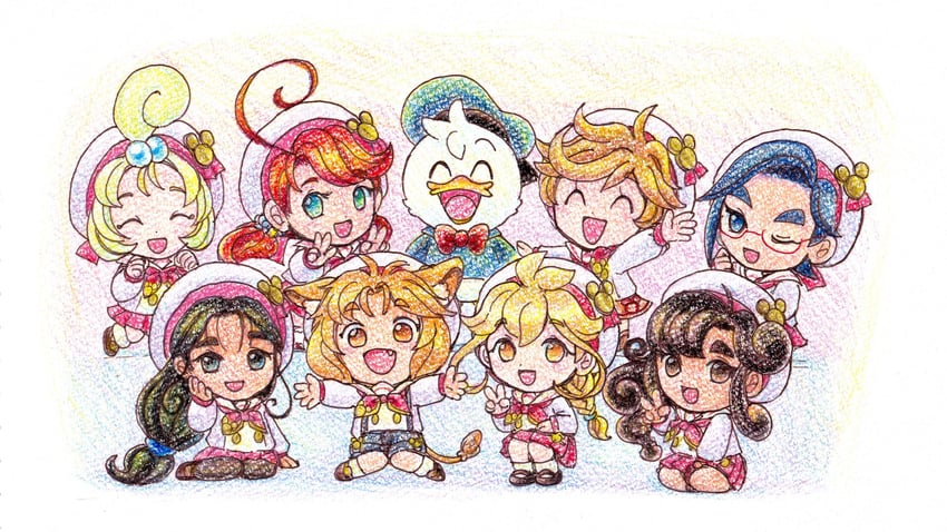 ariel, donald duck, jasmine, aladdin, peter pan, and 4 more (mickey mouse & friends and 6 more) drawn by suruga_kanade