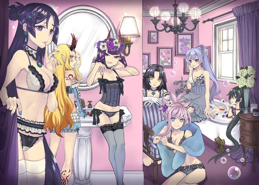 shuten douji, minamoto no raikou, miyamoto musashi, tomoe gozen, ibaraki douji, and 2 more (fate and 1 more) drawn by endou_minari