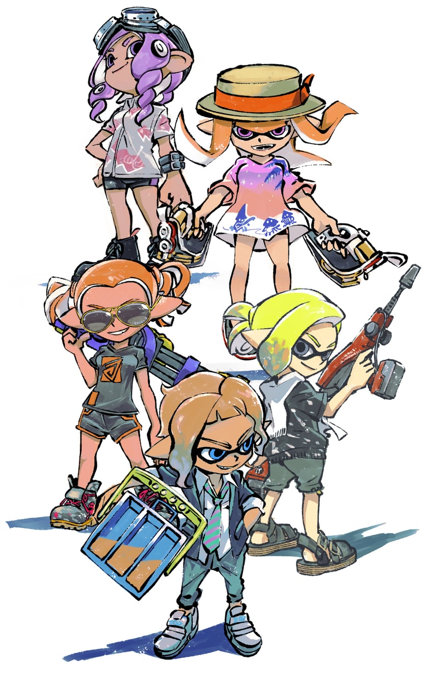 inkling player character, inkling girl, octoling player character, octoling girl, and inkling boy (splatoon and 1 more) drawn by muramasa_mikado