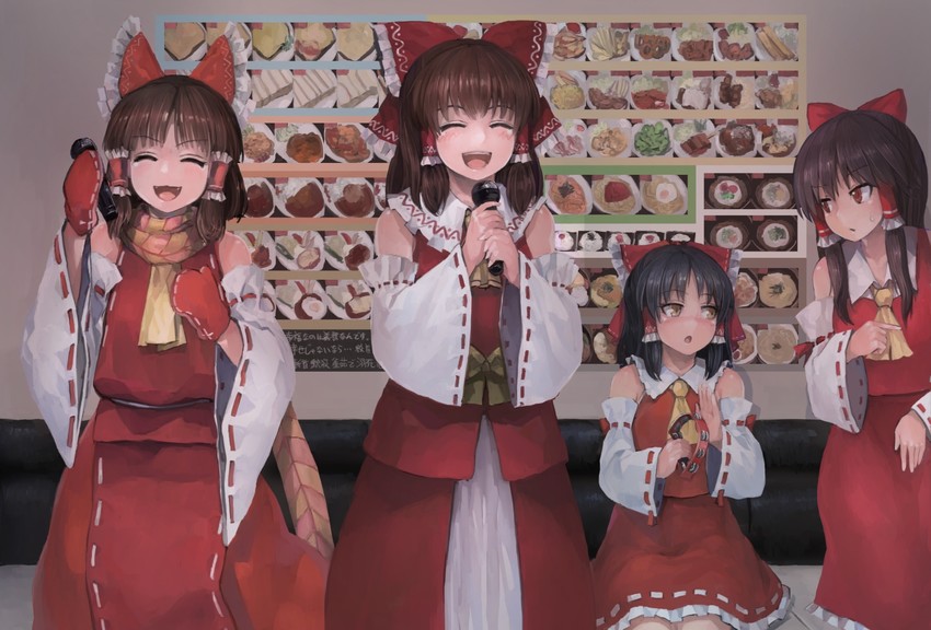 hakurei reimu, benikurage, kanna, reu, and sananana (touhou and 2 more) drawn by ichiba_youichi