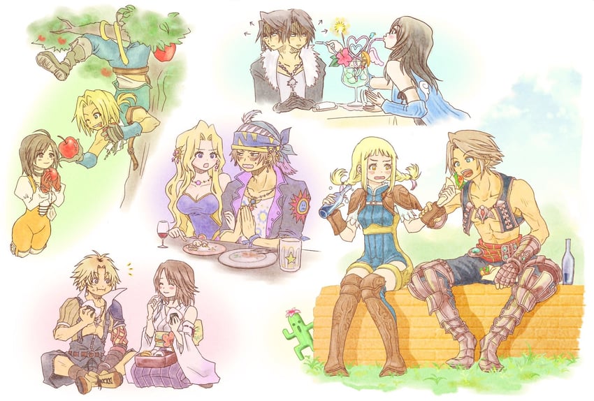 squall leonhart, zidane tribal, garnet til alexandros xvii, yuna, celes chere, and 6 more (final fantasy and 5 more) drawn by jasmine_82