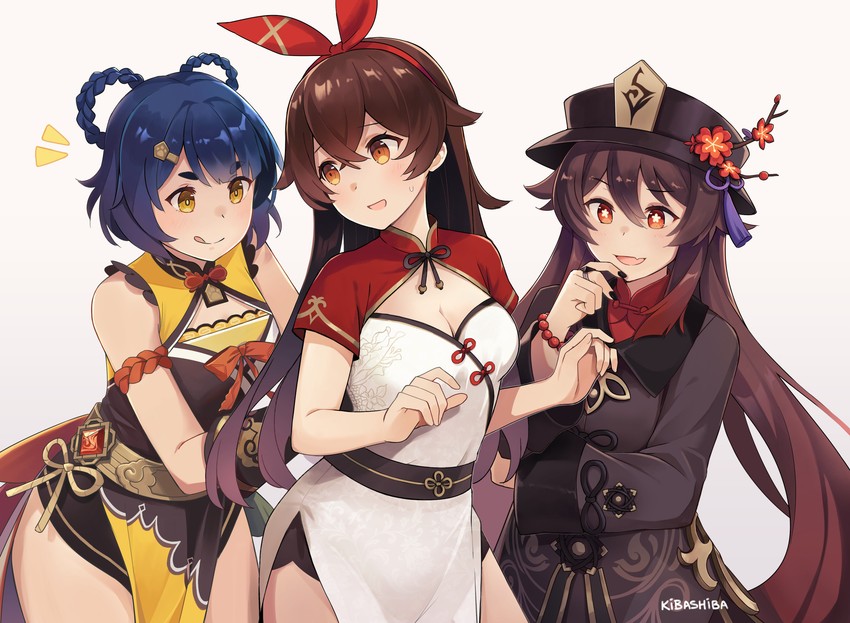 hu tao, amber, and xiangling (genshin impact) drawn by kibashiba
