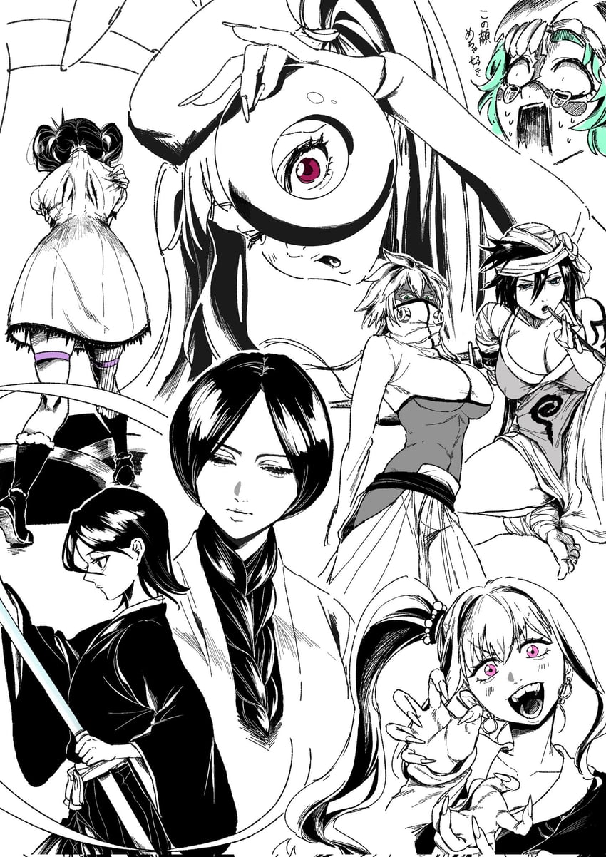 kuchiki rukia, tier harribel, nelliel tu odelschwanck, unohana retsu, dokugamine riruka, and 3 more (bleach and 1 more) drawn by hiyayaako