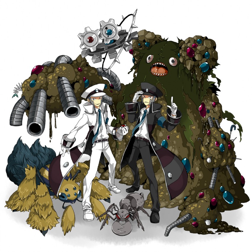 ingo, emmet, galvantula, garbodor, klinklang, and 1 more (pokemon and 1 more) drawn by yamipika