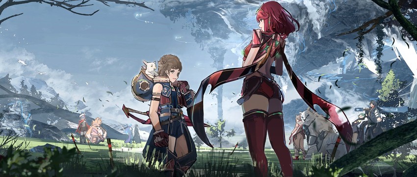 pyra, rex, morag ladair, poppi, brighid, and 5 more (xenoblade chronicles and 1 more) drawn by haguruma_c