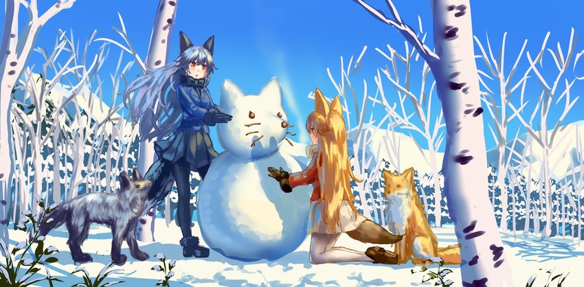 silver fox and ezo red fox (kemono friends) drawn by wasabichan