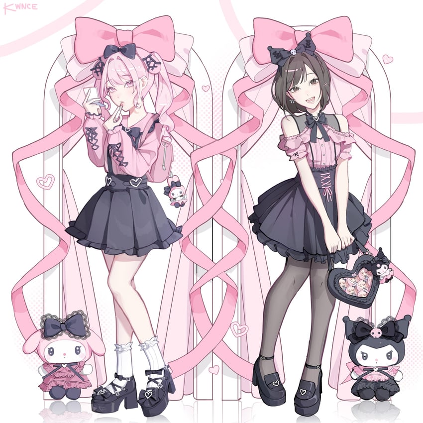 shinonome ena, akiyama mizuki, my melody, and kuromi (project sekai and 2 more) drawn by kwnce