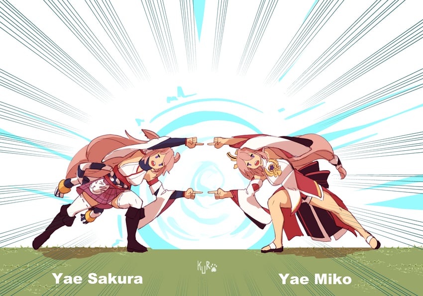 yae miko and yae sakura (genshin impact and 4 more) drawn by kuroqueta