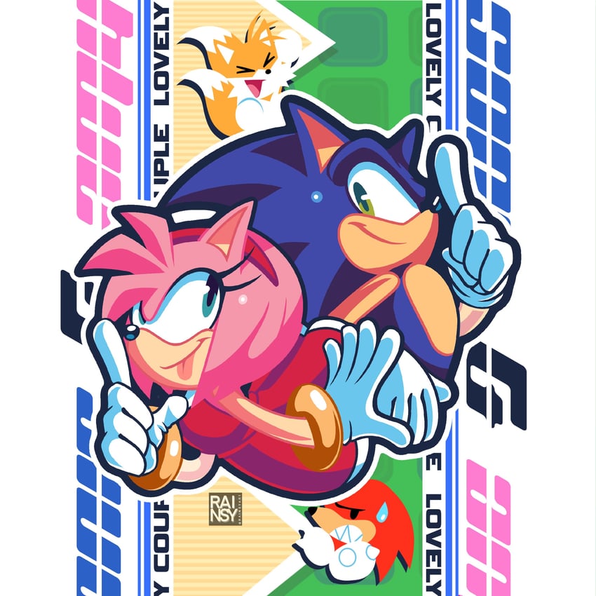 sonic the hedgehog, amy rose, tails, and knuckles the echidna (sonic and 2 more) drawn by rainsy