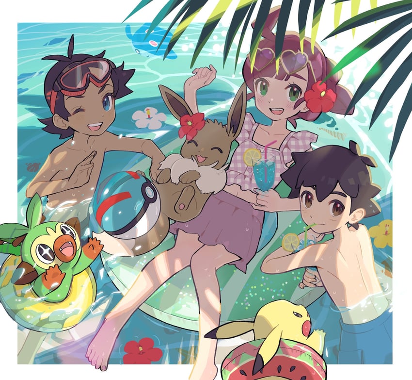 pikachu, ash ketchum, eevee, grookey, goh, and 2 more (pokemon and 1 more) drawn by minato_(mntnm)