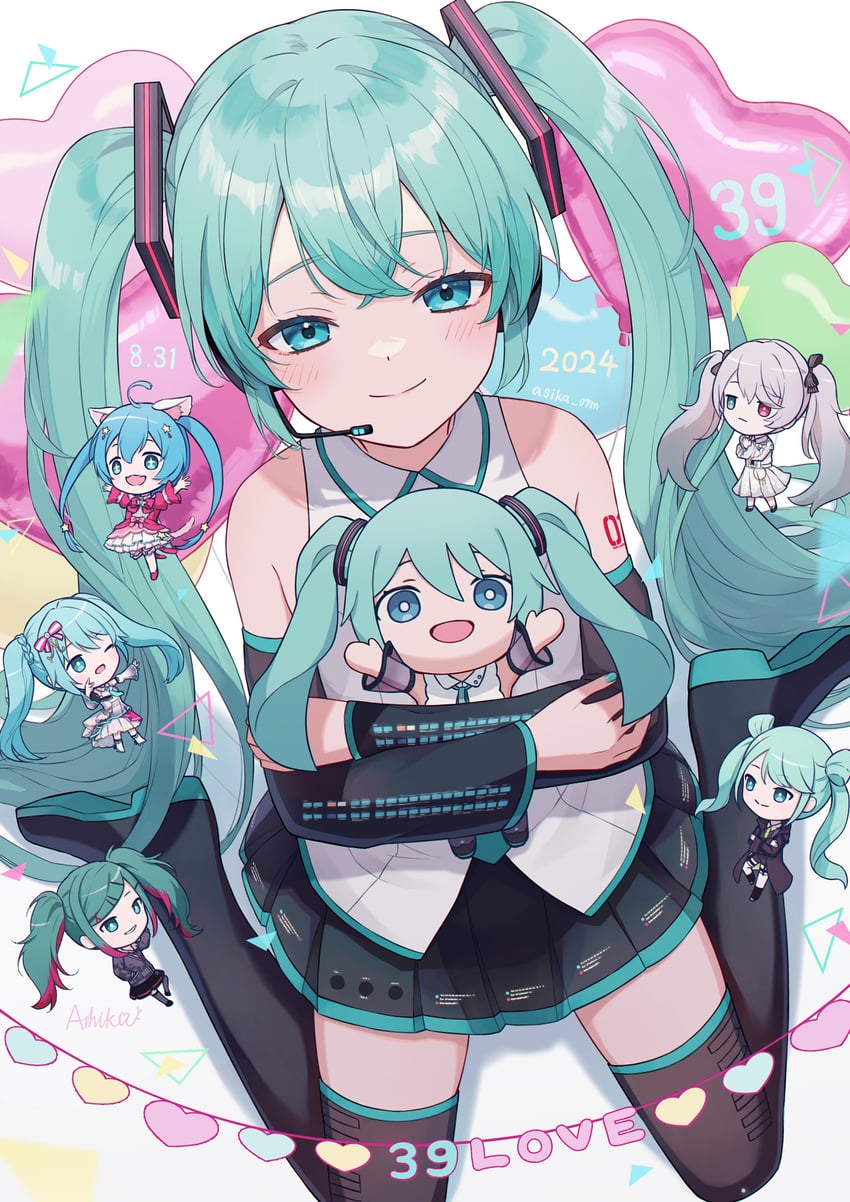 hatsune miku, 25-ji miku, wonderlands x showtime miku, vivid bad squad miku, leo/need miku, and 1 more (vocaloid and 1 more) drawn by ashika_(yftcc948)