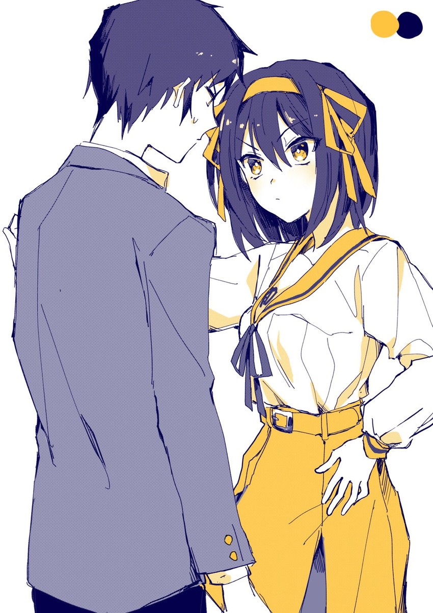 suzumiya haruhi and kyon (suzumiya haruhi no yuuutsu) drawn by mochoeru