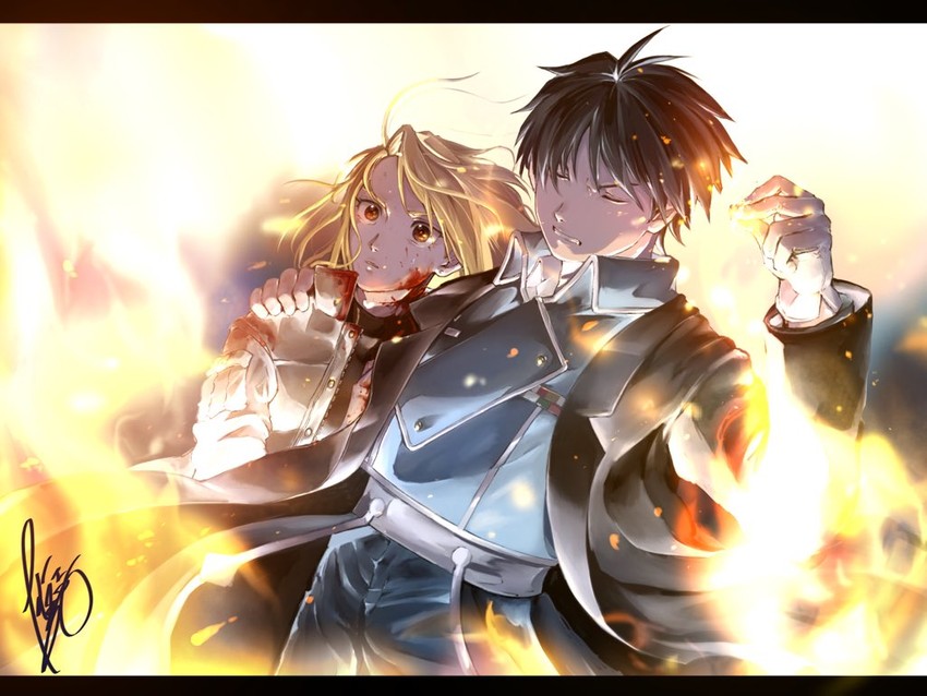 riza hawkeye and roy mustang (fullmetal alchemist) drawn by ufkqz