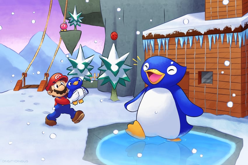 mario, penguin, bob-omb buddy, and mother penguin (mario and 1 more) drawn by vinny_(dingitydingus)