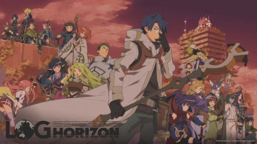akatsuki, shiroe, isuzu, nyanta, minori, and 19 more (log horizon) drawn by hara_kazuhiro