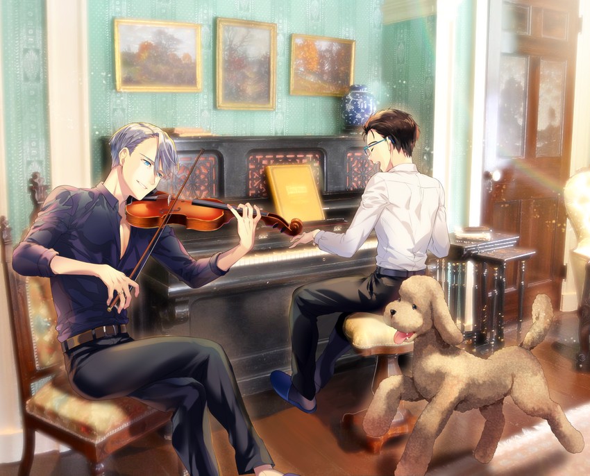 katsuki yuuri, viktor nikiforov, and makkachin (yuri!!! on ice) drawn by kuroemon
