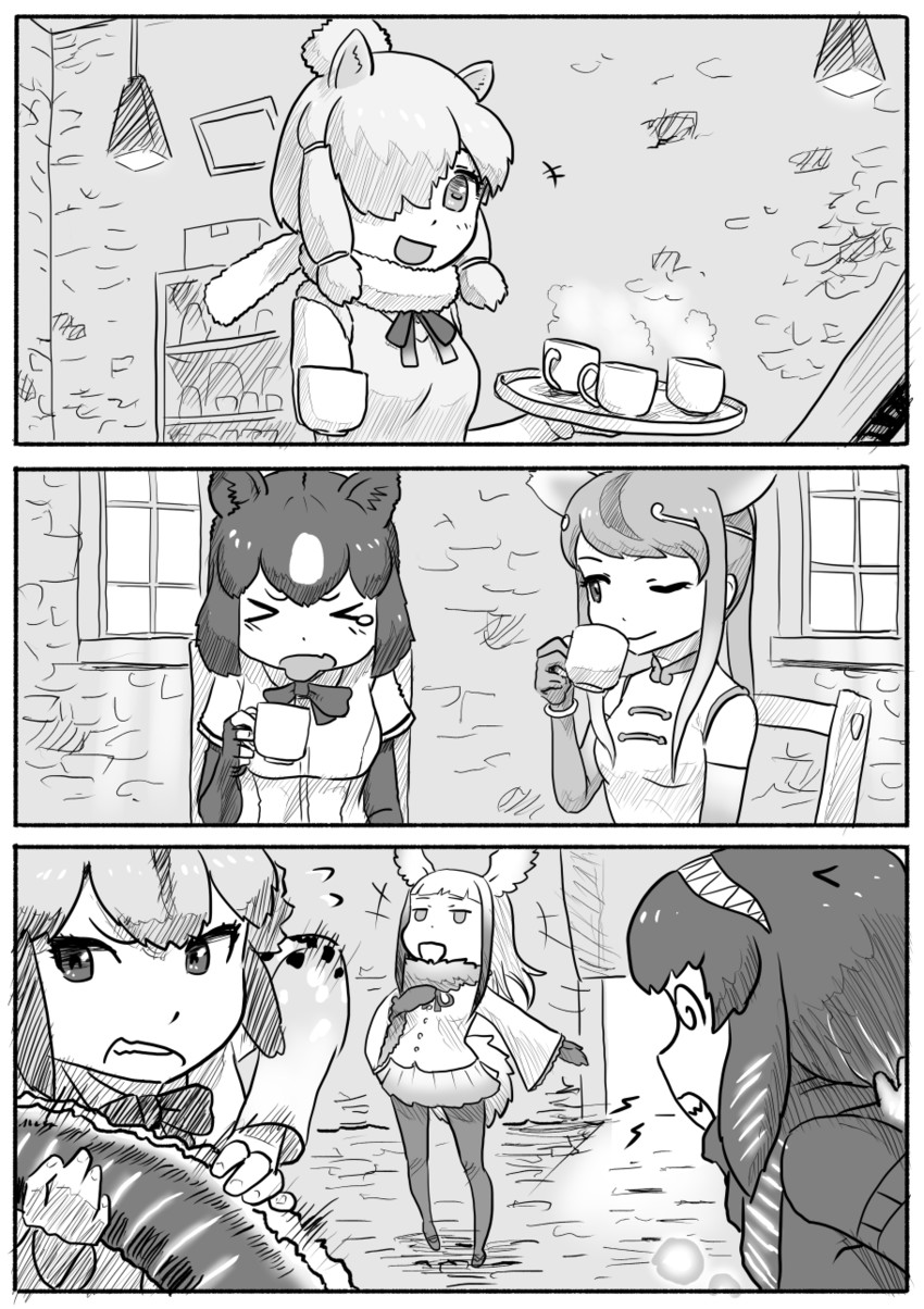 japanese crested ibis, godzilla, alpaca suri, brown bear, golden snub-nosed monkey, and 1 more (kemono friends and 2 more) drawn by kishida_shiki