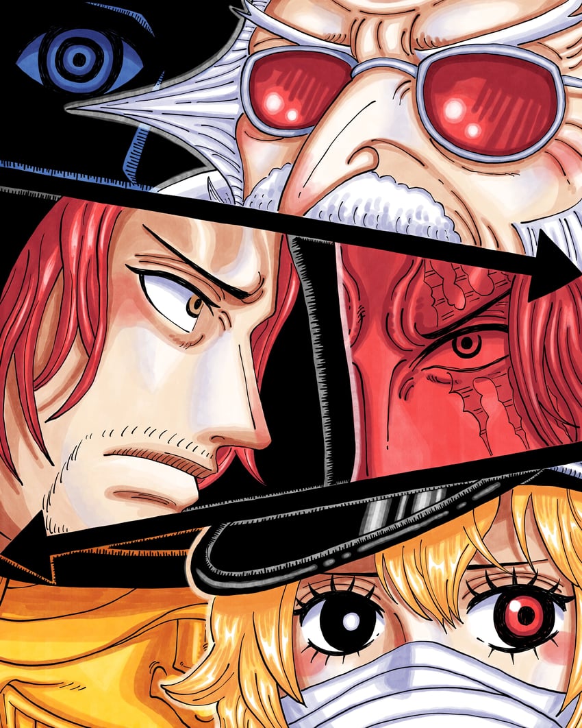 shanks, imu, gunko, figarland shamrock, loki, and 1 more (one piece) drawn by jolsuke