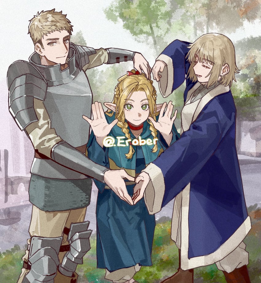 marcille donato, falin touden, and laios touden (dungeon meshi) drawn by erober
