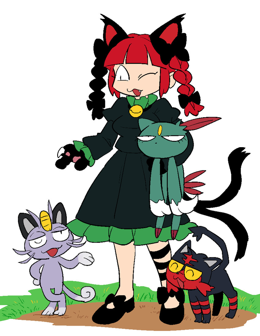 kaenbyou rin, litten, sneasel, and alolan meowth (touhou and 1 more) drawn by furukawa_(yomawari)